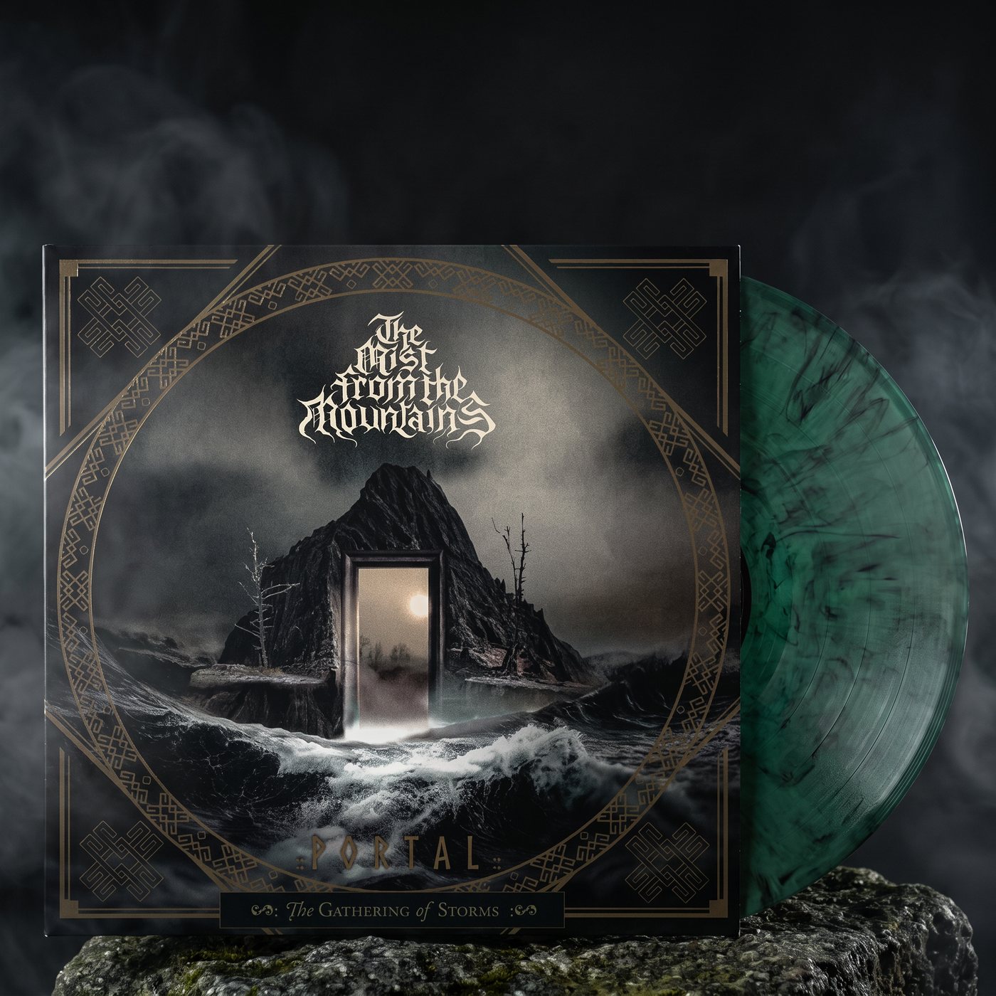 Portal gatefold LP with green marbled vinyl on a mossy rock